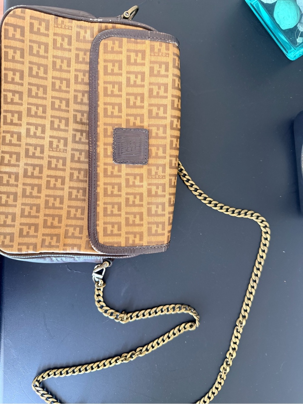 Vintage FENDI; Brown Monogram with Gold Chain Strap and keychain